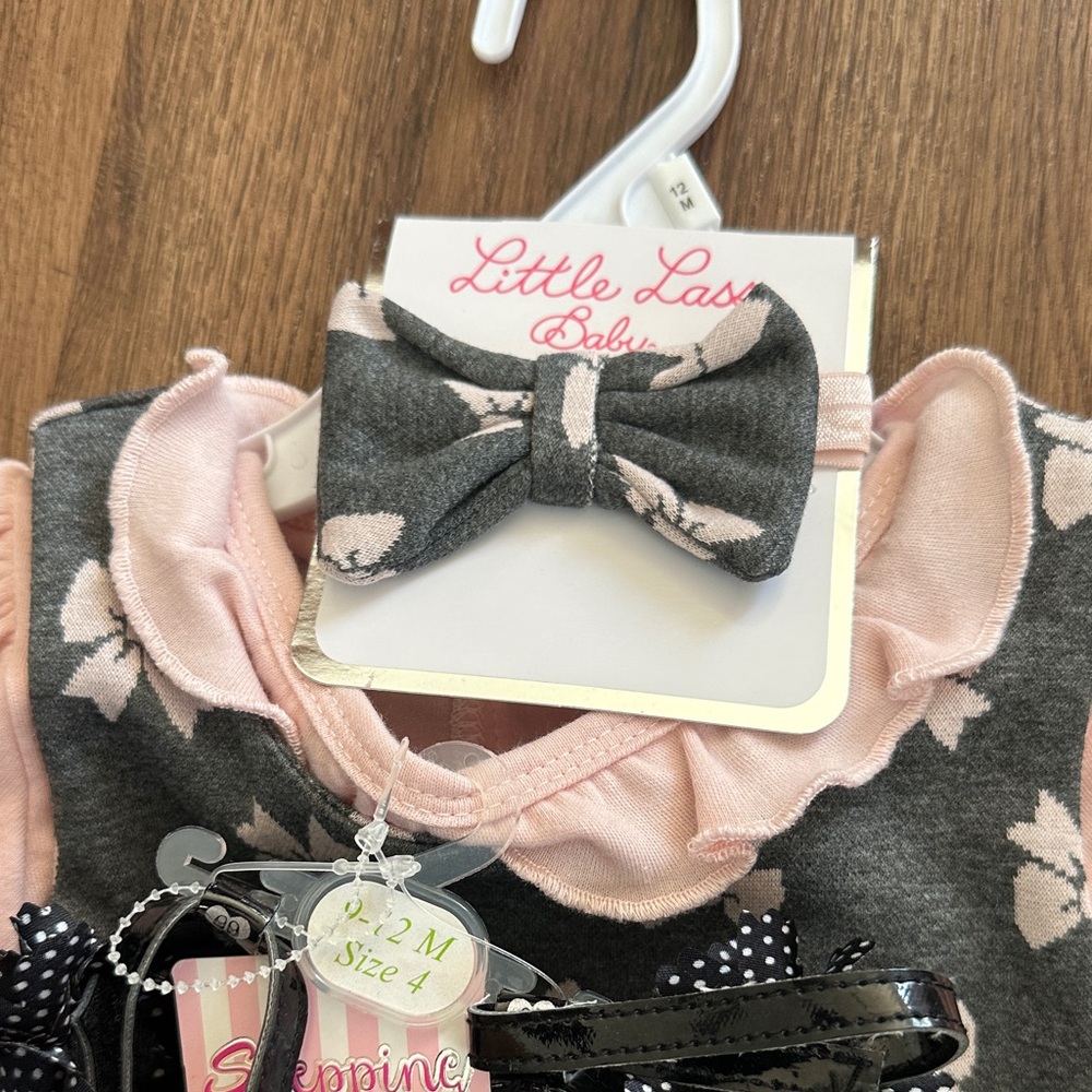NWT Little Lass Pink and Gray Bow Baby Dress, Shoes and Hair Accessory Set, 12M - Picture 2 of 5